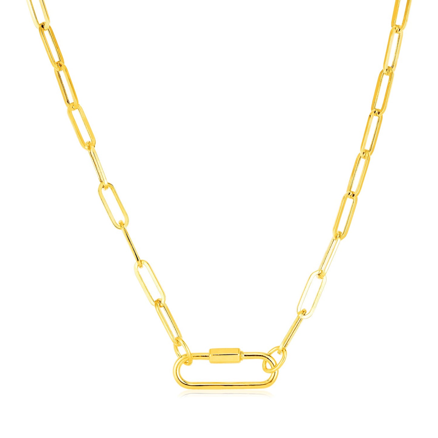 14k Yellow Gold Paperclip Chain Necklace with Oval Carabiner Clasp in a sleek high-contrast midnight luxury editorial style