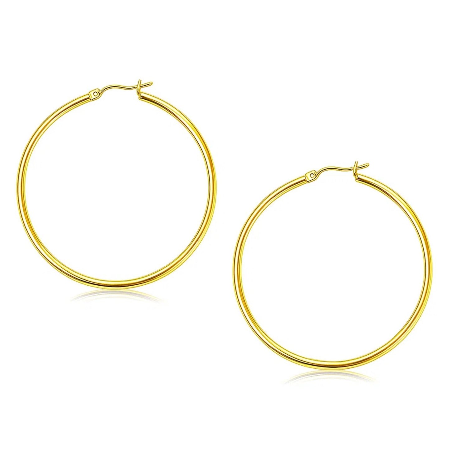 10k Yellow Gold Polished Hoop Earrings (2x45mm) in a sleek high-contrast midnight luxury editorial style