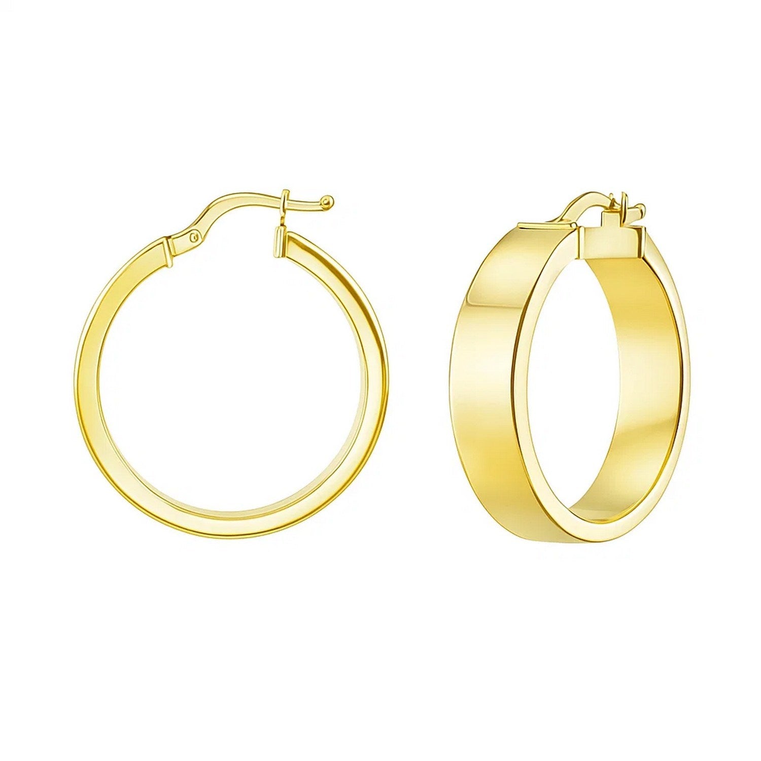 Medium Tube Shaped Hoop Earrings in 14K Yellow Gold in a sleek high-contrast midnight luxury editorial style