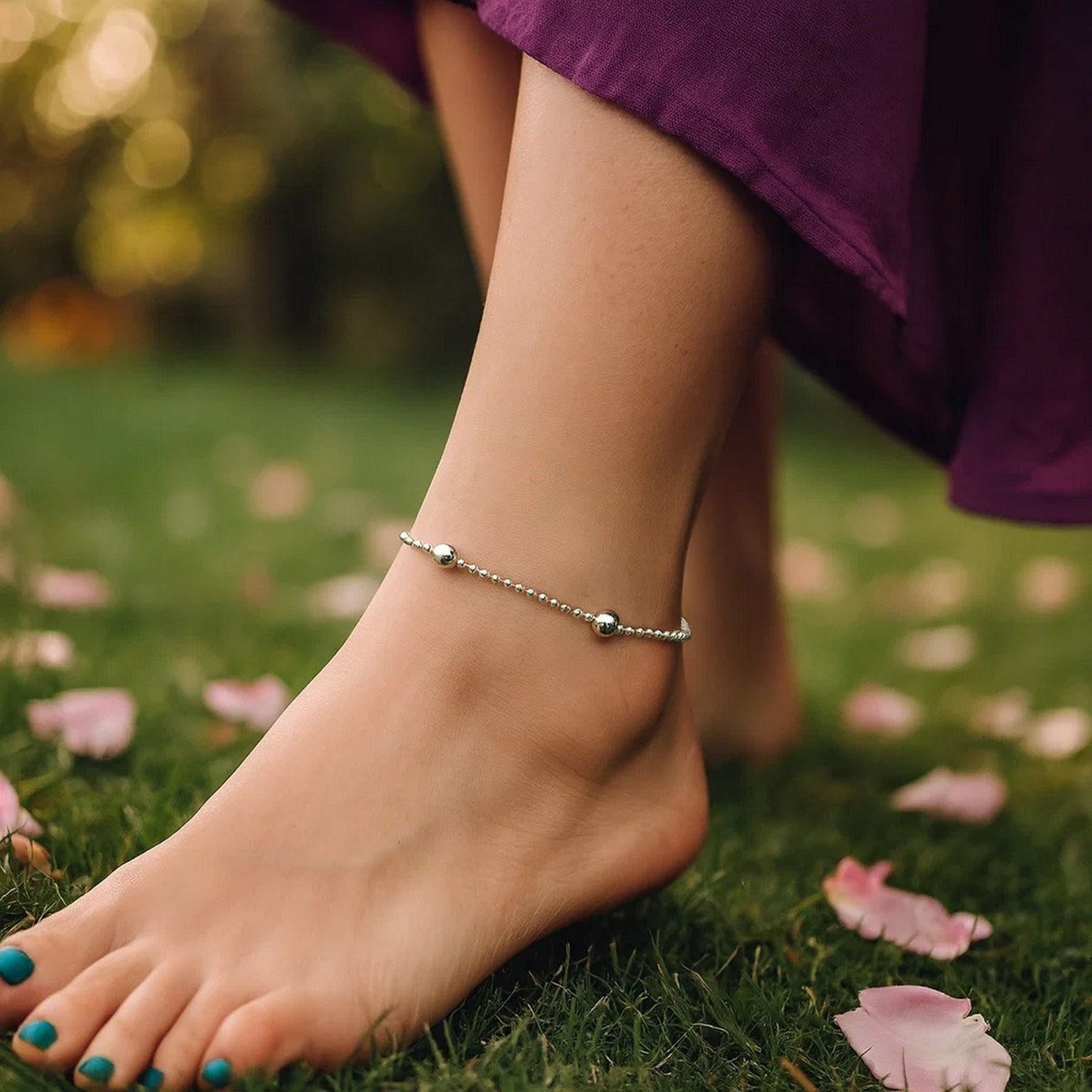 Sterling Silver Rhodium Plated Bead Station Anklet
