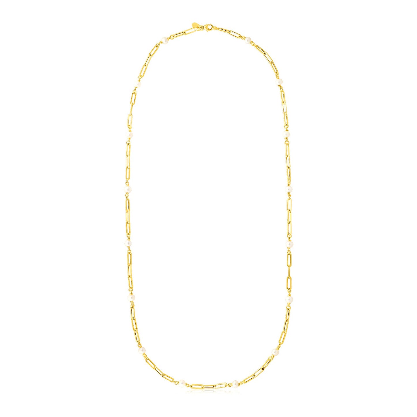 14k Yellow Gold Paperclip Chain and Pearl Necklace in a sleek high-contrast midnight luxury editorial style