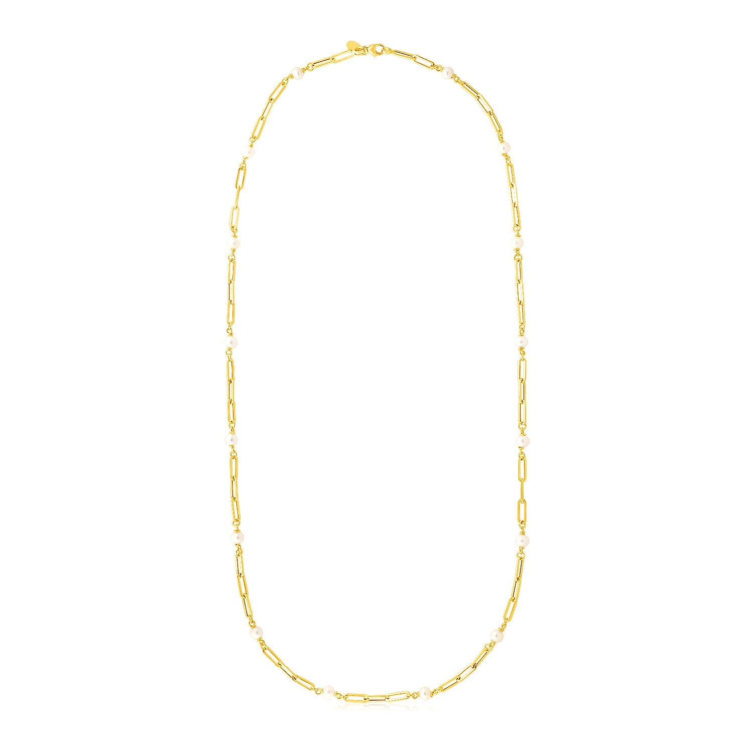 14k Yellow Gold Paperclip Chain and Pearl Necklace in a sleek high-contrast midnight luxury editorial style