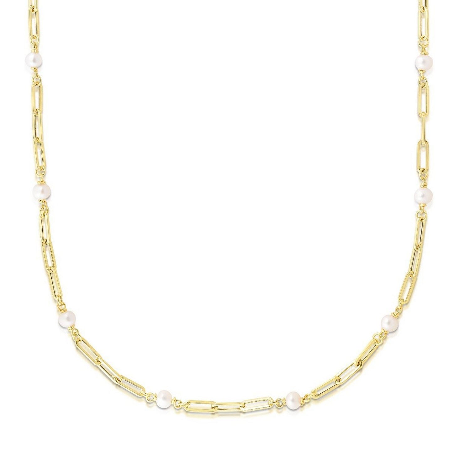 14k Yellow Gold Paperclip Chain and Pearl Necklace