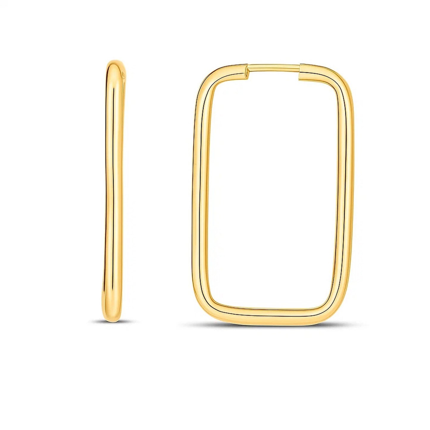 14k Yellow Gold Endless Rectangle Hoops in a sleek high-contrast midnight luxury editorial style