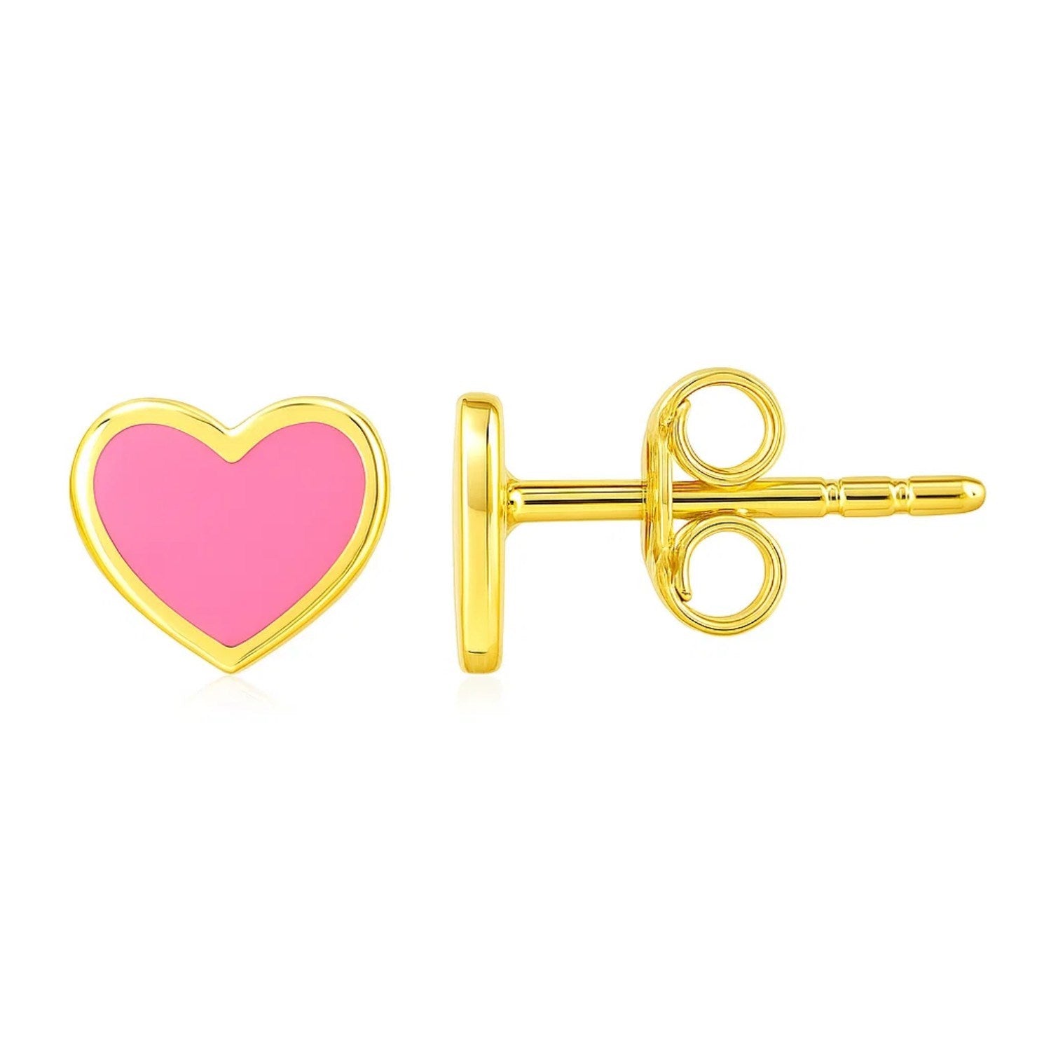 14k Yellow Gold and Enamel Pink Heart Stud Earrings in a sleek high-contrast midnight luxury editorial style