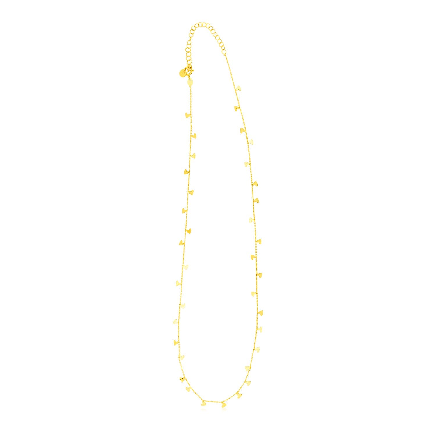 14K Yellow Gold Necklace with Dangling Hearts in a sleek high-contrast midnight luxury editorial style