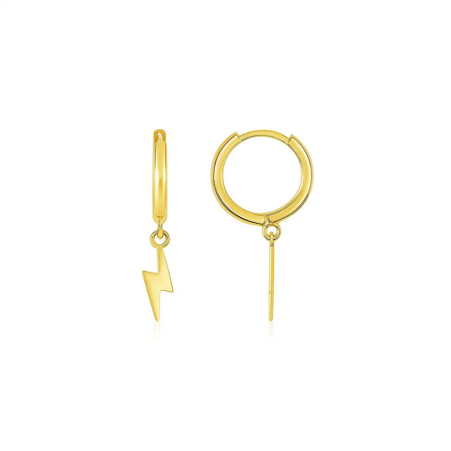14K Yellow Gold Lighting Bolt Drop Hoop Earrings in a sleek high-contrast midnight luxury editorial style