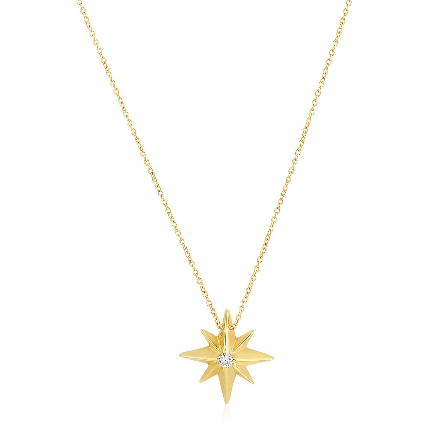 14k Yellow Gold High Polish North Star Necklace in a sleek high-contrast midnight luxury editorial style