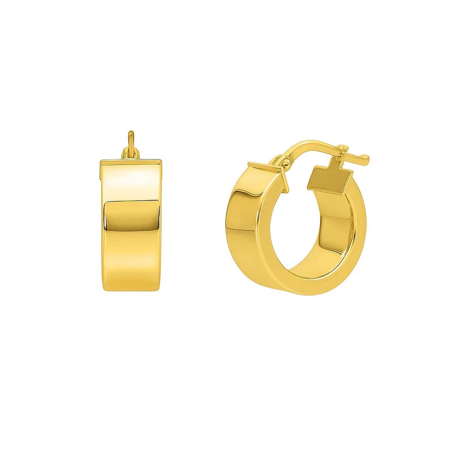Small Tube Shaped Hoop Earrings in 14K Yellow Gold in a sleek high-contrast midnight luxury editorial style