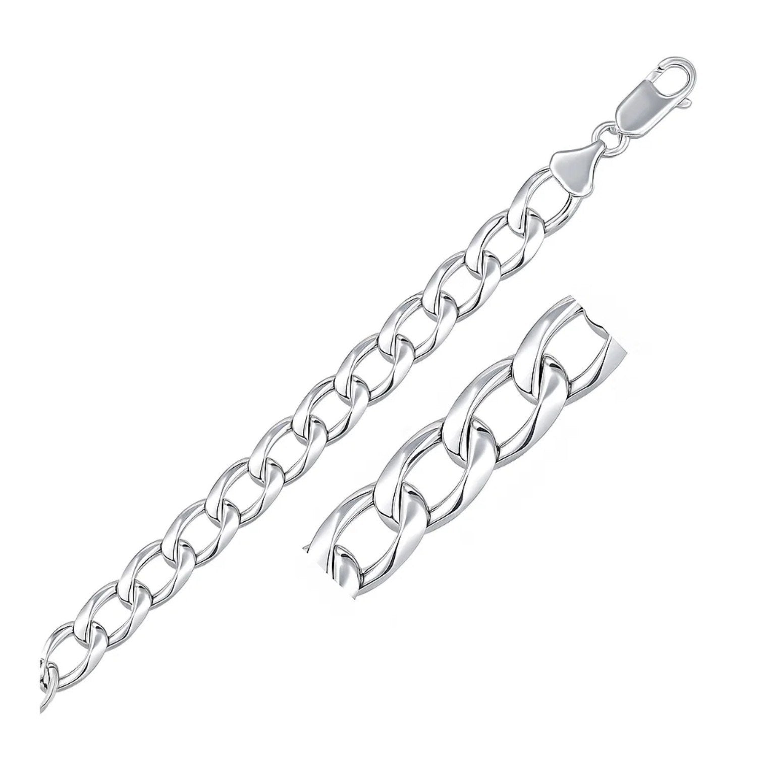 Rhodium Plated Sterling Silver Curb Style Bracelet (8.40 mm) in a sleek high-contrast midnight luxury editorial style