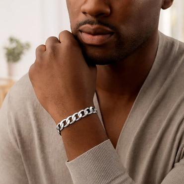Rhodium Plated Sterling Silver Curb Style Bracelet (8.40 mm) - Peelerie