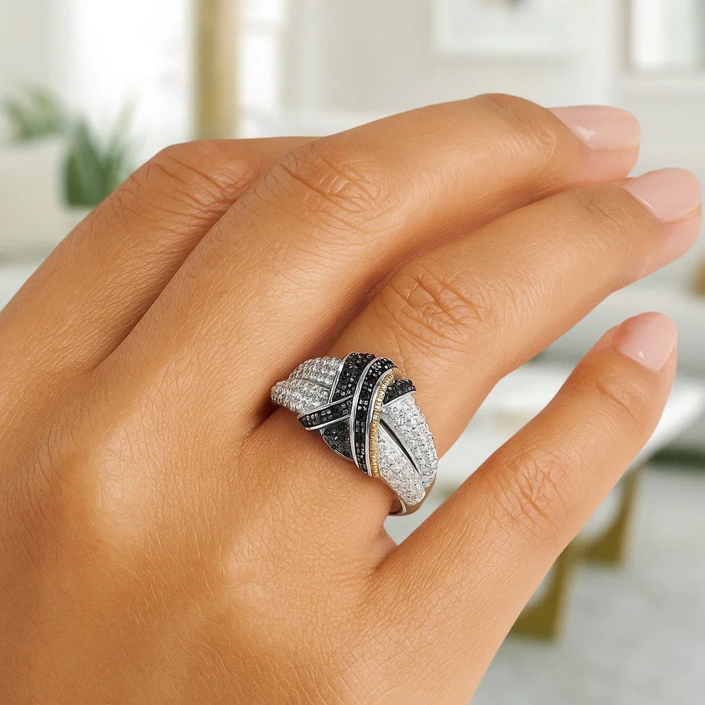 18k Yellow Gold & Sterling Silver Entwined Popcorn Ring with Black Diamonds