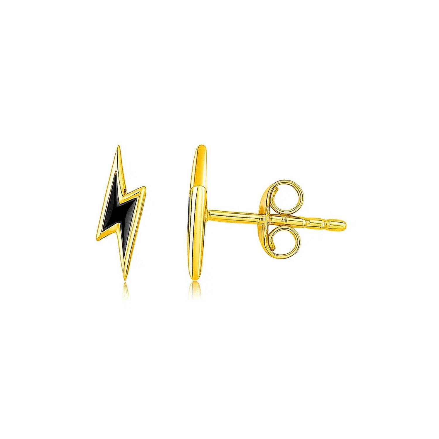 14k Yellow Gold and Enamel Black Lightning Bolt Stud Earrings in a sleek high-contrast midnight luxury editorial style