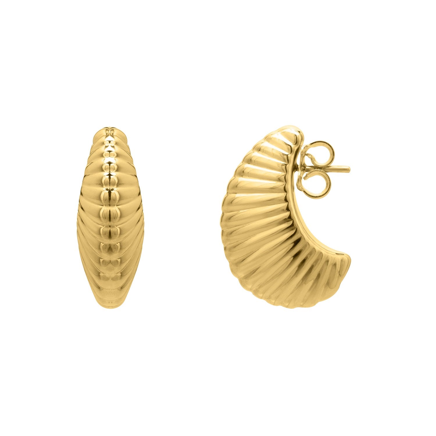 Puffy Graduated Ribbed Shell Hoop Earrings in 14K Yellow Gold in a sleek high-contrast midnight luxury editorial style
