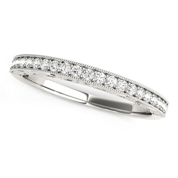 14k White Gold Milgrain Bordered Round Diamond Wedding Band (1/6 cttw) in a sleek high-contrast midnight luxury editorial sty