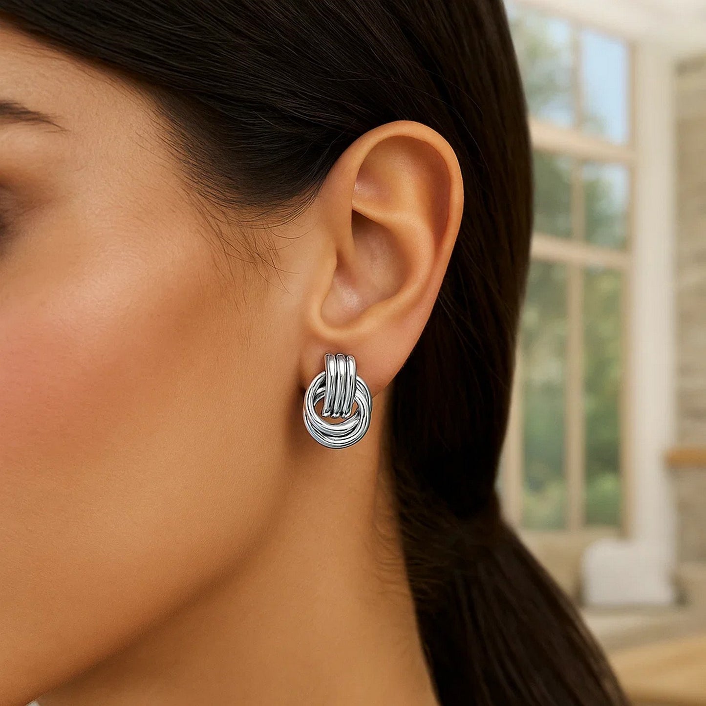 Polished Love Knot Earrings with Interlocking Rings in Sterling Silver(15mm) - Peelerie