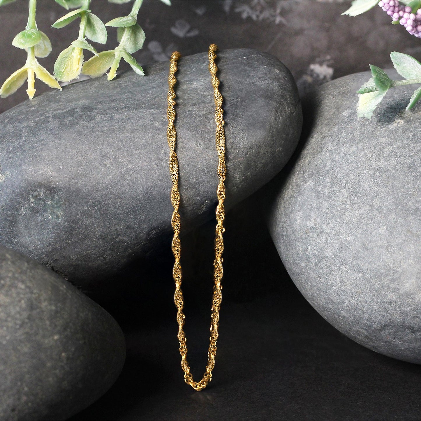 14k Yellow Gold Singapore Chain (1.80 mm) in a sleek high-contrast midnight luxury editorial style