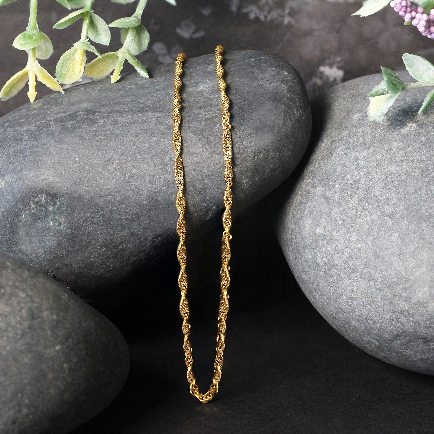 14k Yellow Gold Singapore Chain (1.80 mm) in a sleek high-contrast midnight luxury editorial style