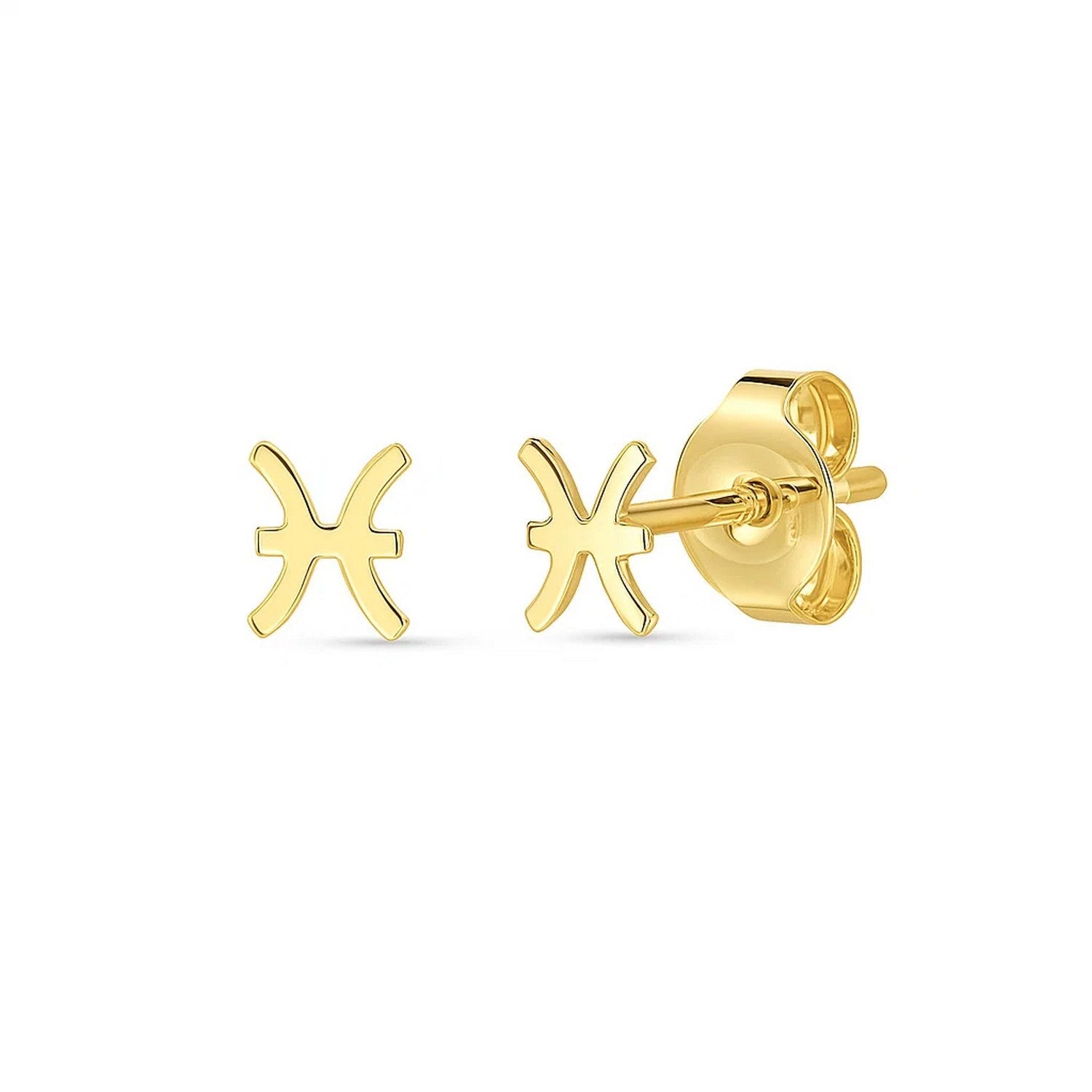 14K Yellow Gold Pisces Stud Earrings in a sleek high-contrast midnight luxury editorial style