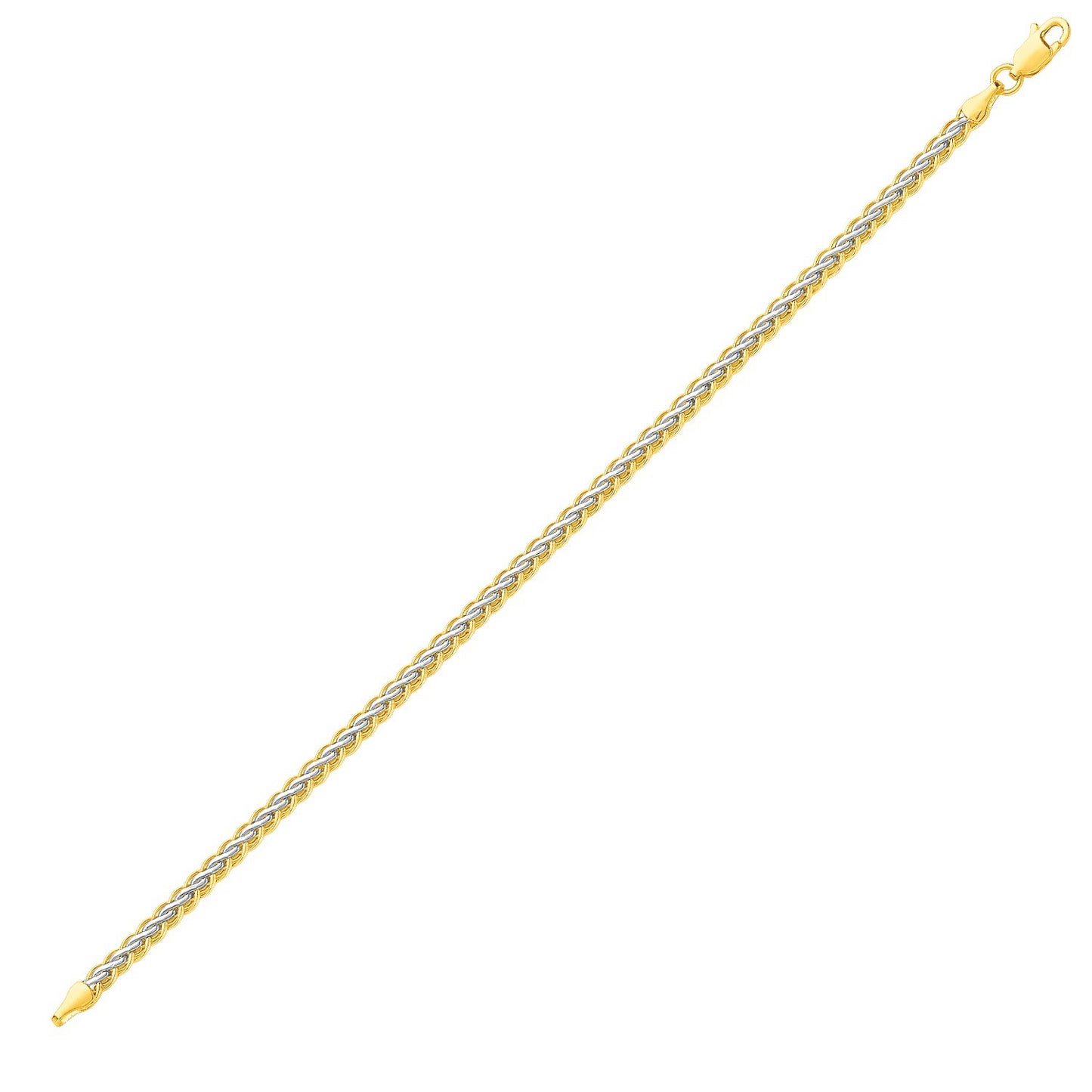 Two-Toned Fine Wheat Chain Bracelet in 10k Yellow and White Gold (3.00 mm) in a sleek high-contrast midnight luxury editorial