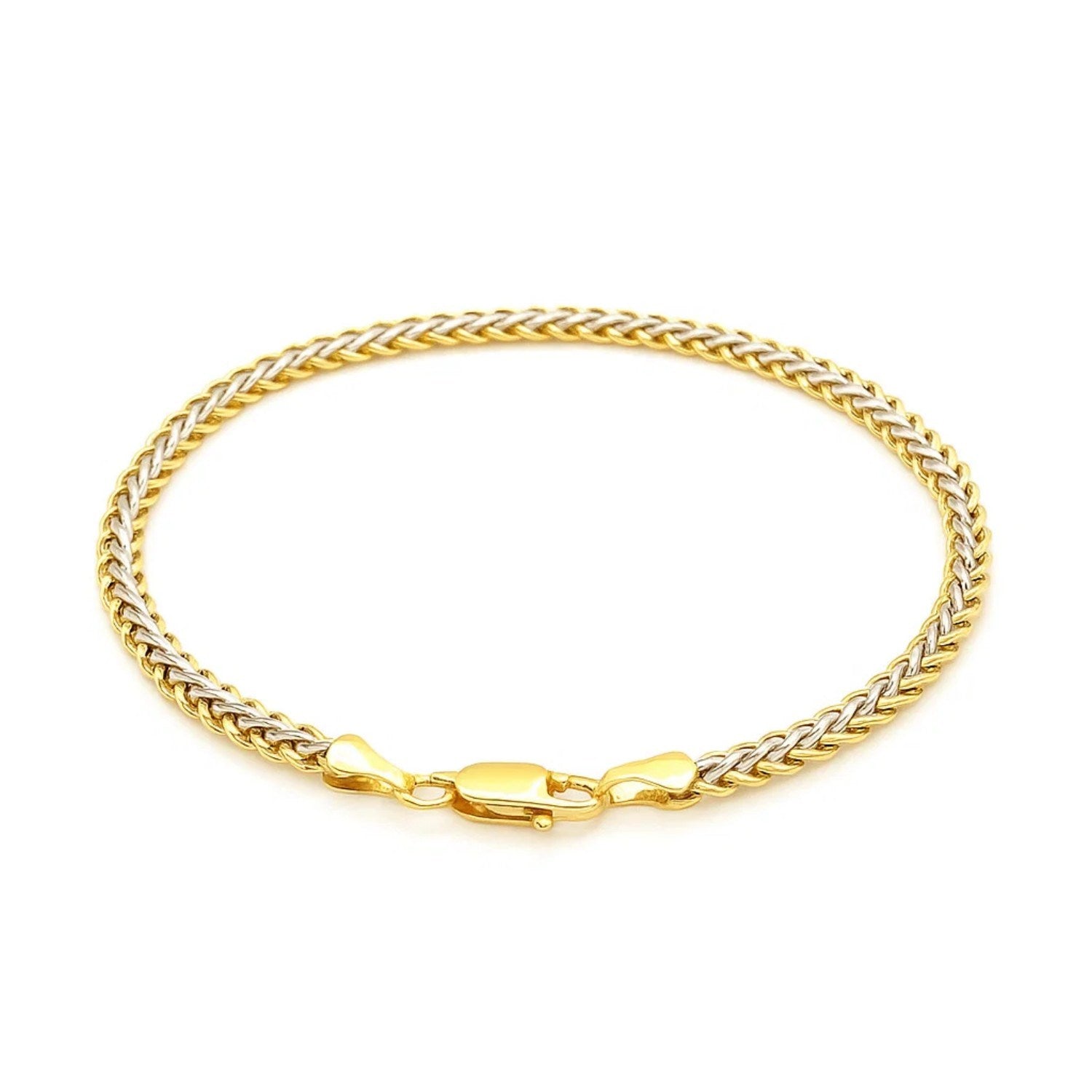 Two-Toned Fine Wheat Chain Bracelet in 10k Yellow and White Gold (3.00 mm) - Peelerie
