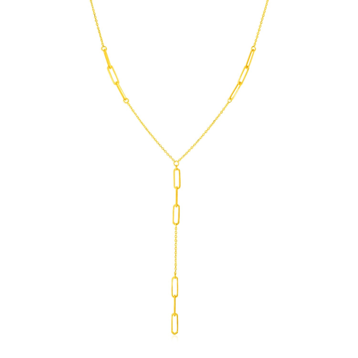 14K Yellow Gold Lariat Necklace with Paperclip Chain Stations in a sleek high-contrast midnight luxury editorial style
