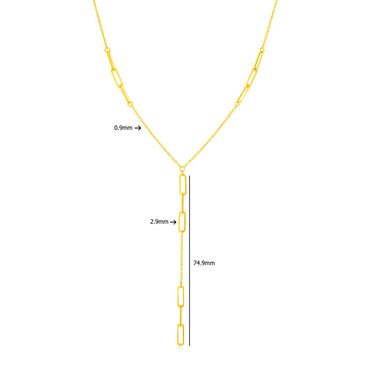 14K Yellow Gold Lariat Necklace with Paperclip Chain Stations