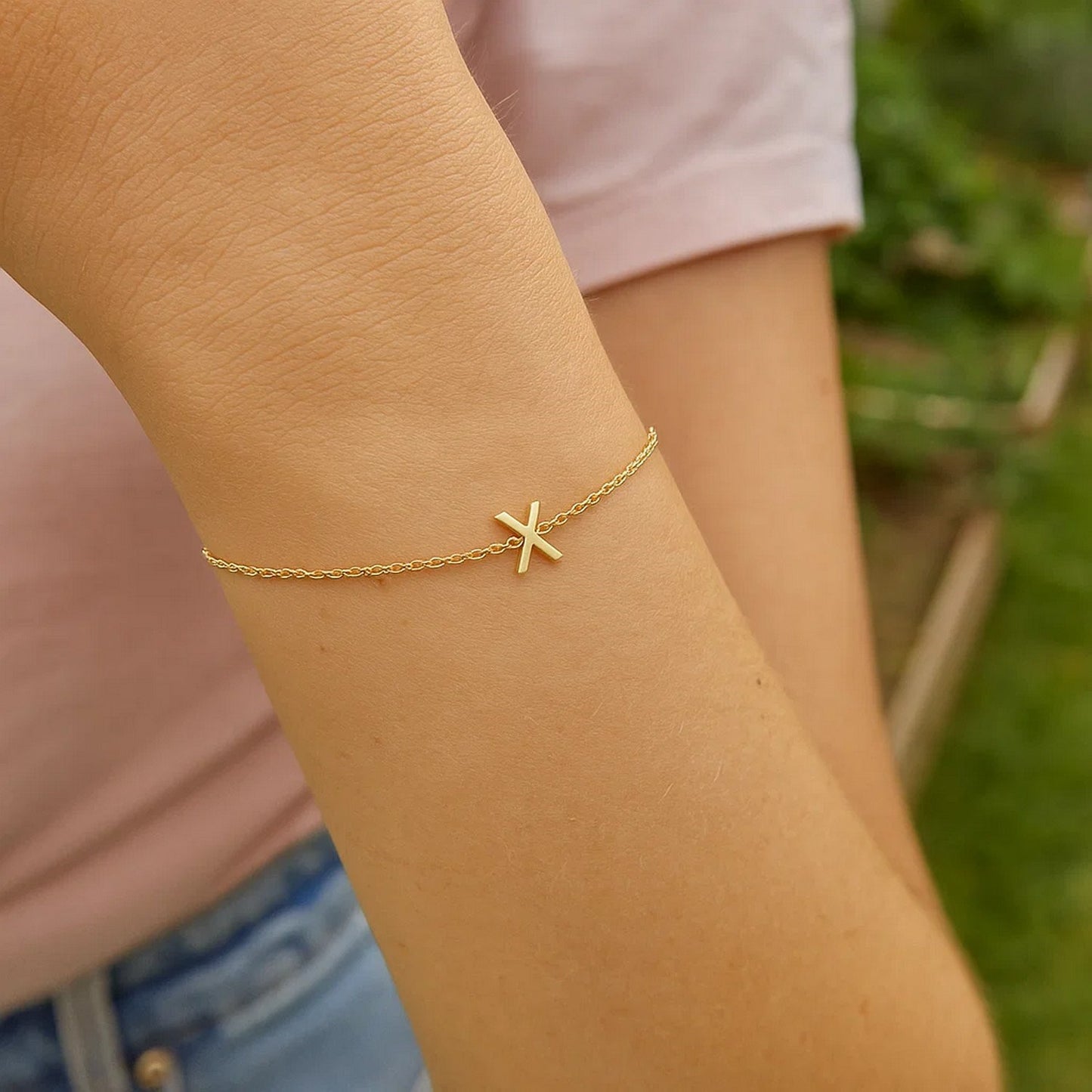 14K Yellow Gold Mini Initial X Bracelet