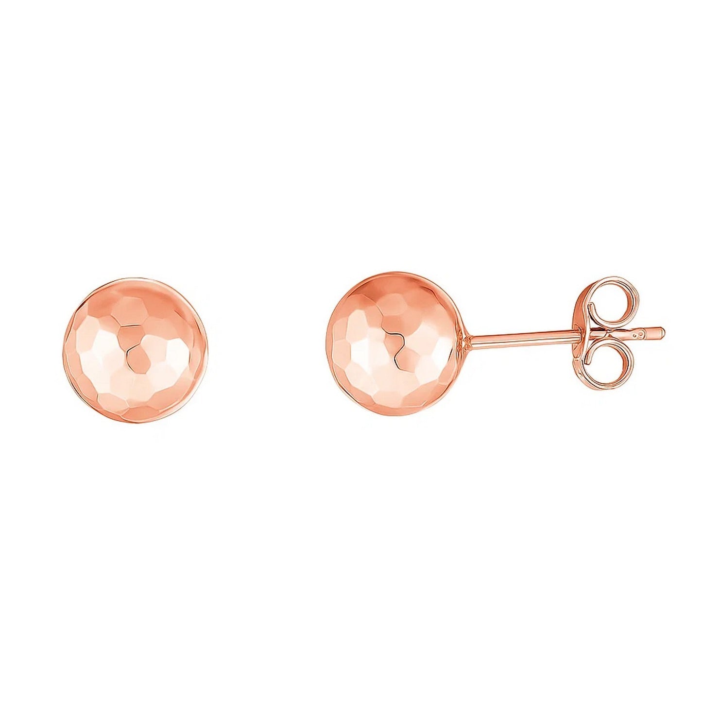 14k Rose Gold Ball Earrings with Faceted Texture(7mm) in a sleek high-contrast midnight luxury editorial style