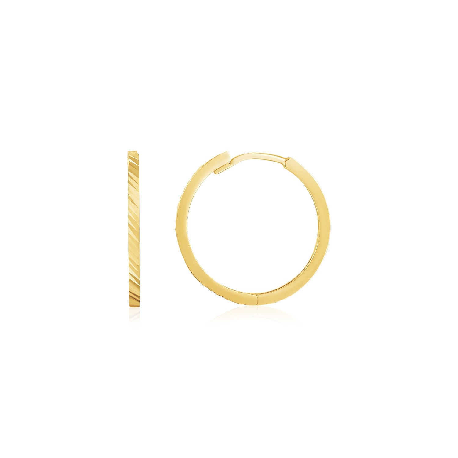 14k Yellow Gold Diamond Cut Textured Huggie Earrings in a sleek high-contrast midnight luxury editorial style