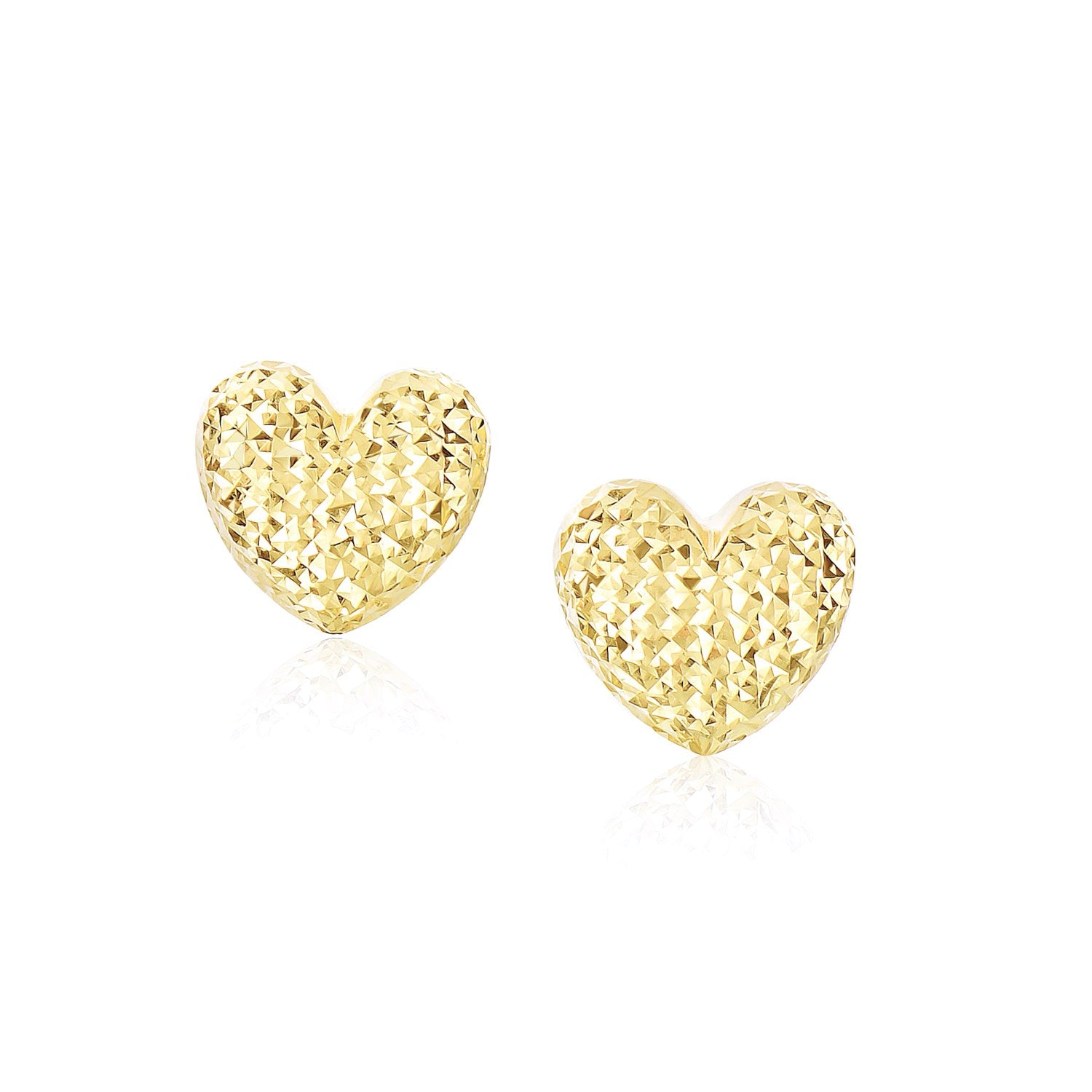 14k Yellow Gold Puffed Heart Earrings with Diamond Cuts in a sleek high-contrast midnight luxury editorial style