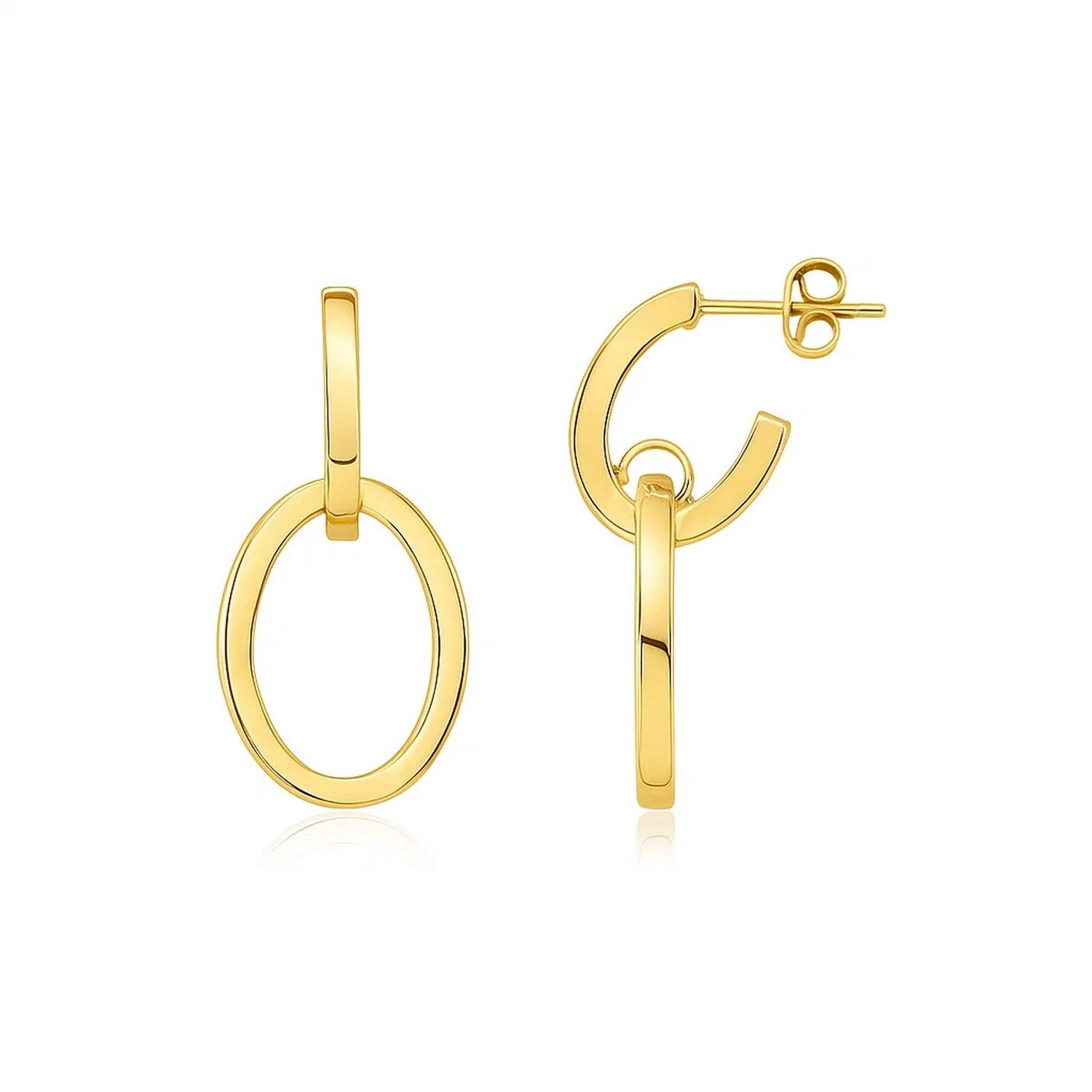 14K Yellow Gold Interlocking Drop Hoop Earrings in a sleek high-contrast midnight luxury editorial style