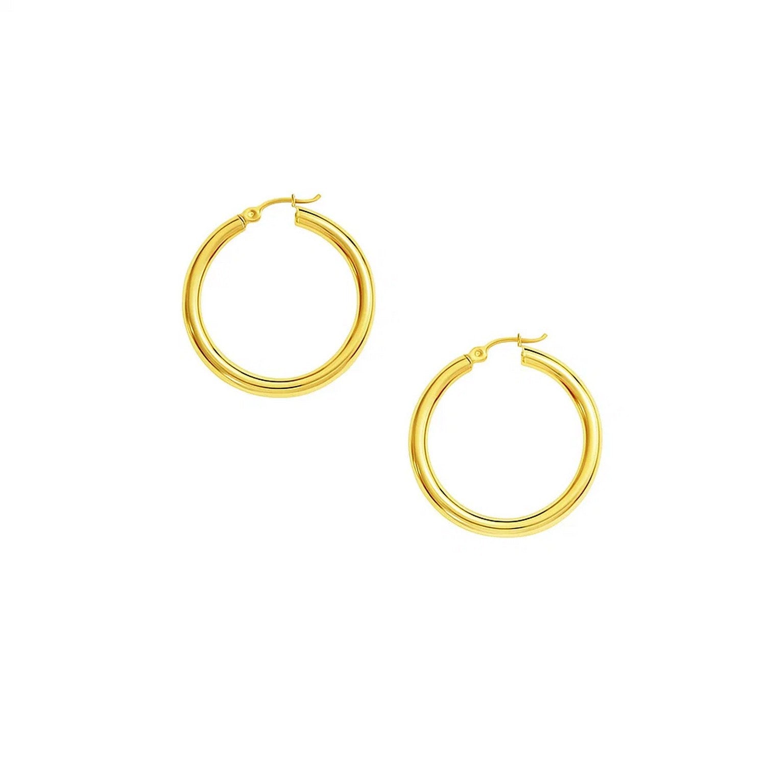 10k Yellow Gold Polished Hoop Earrings (3x30mm) in a sleek high-contrast midnight luxury editorial style