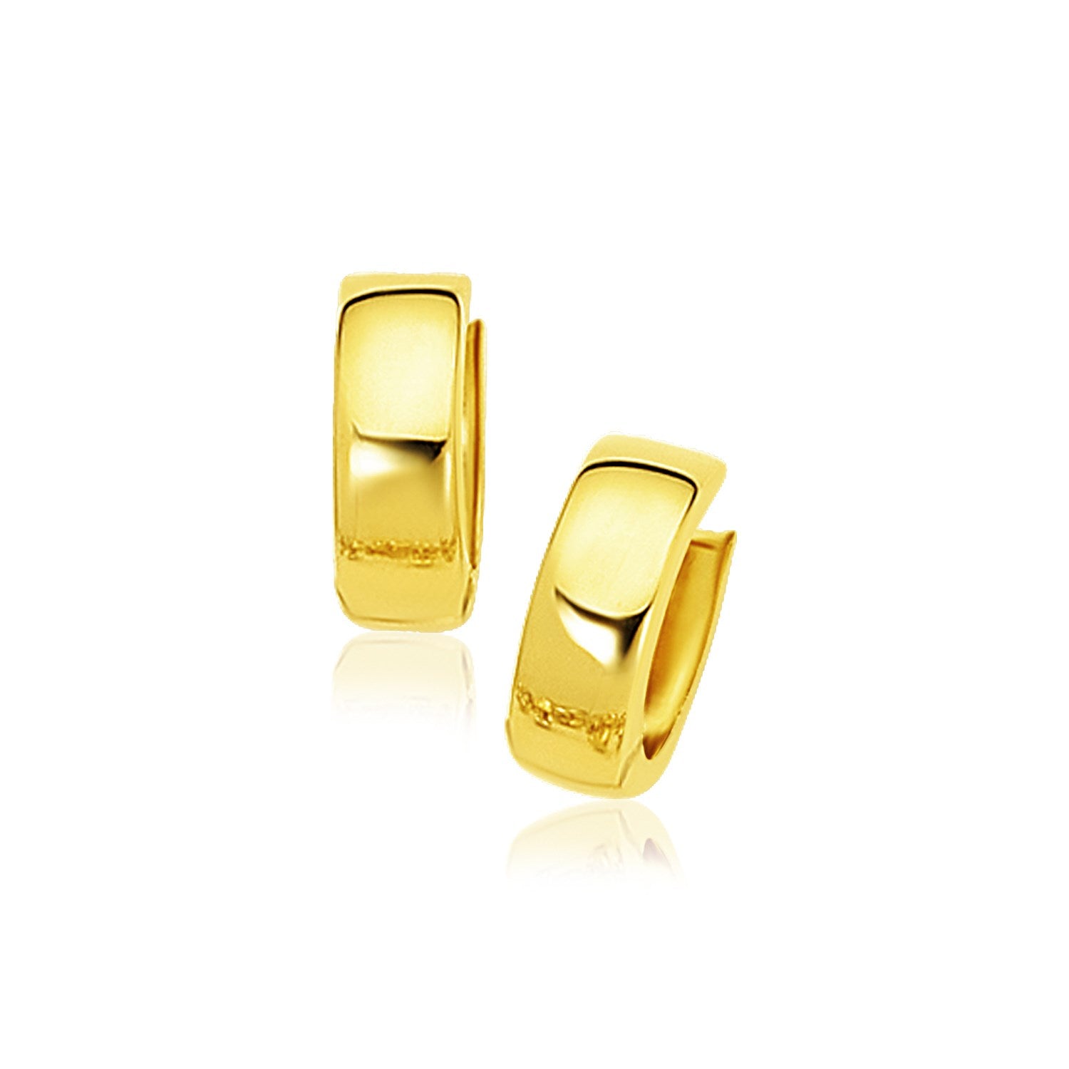 14k Yellow Gold Snuggable Hoop Earrings in a sleek high-contrast midnight luxury editorial style