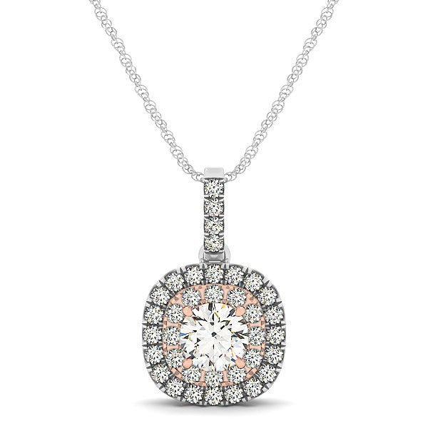 14k White And Rose Gold Cushion Shape Halo Diamond Pendant (1/2 cttw) in a sleek high-contrast midnight luxury editorial styl