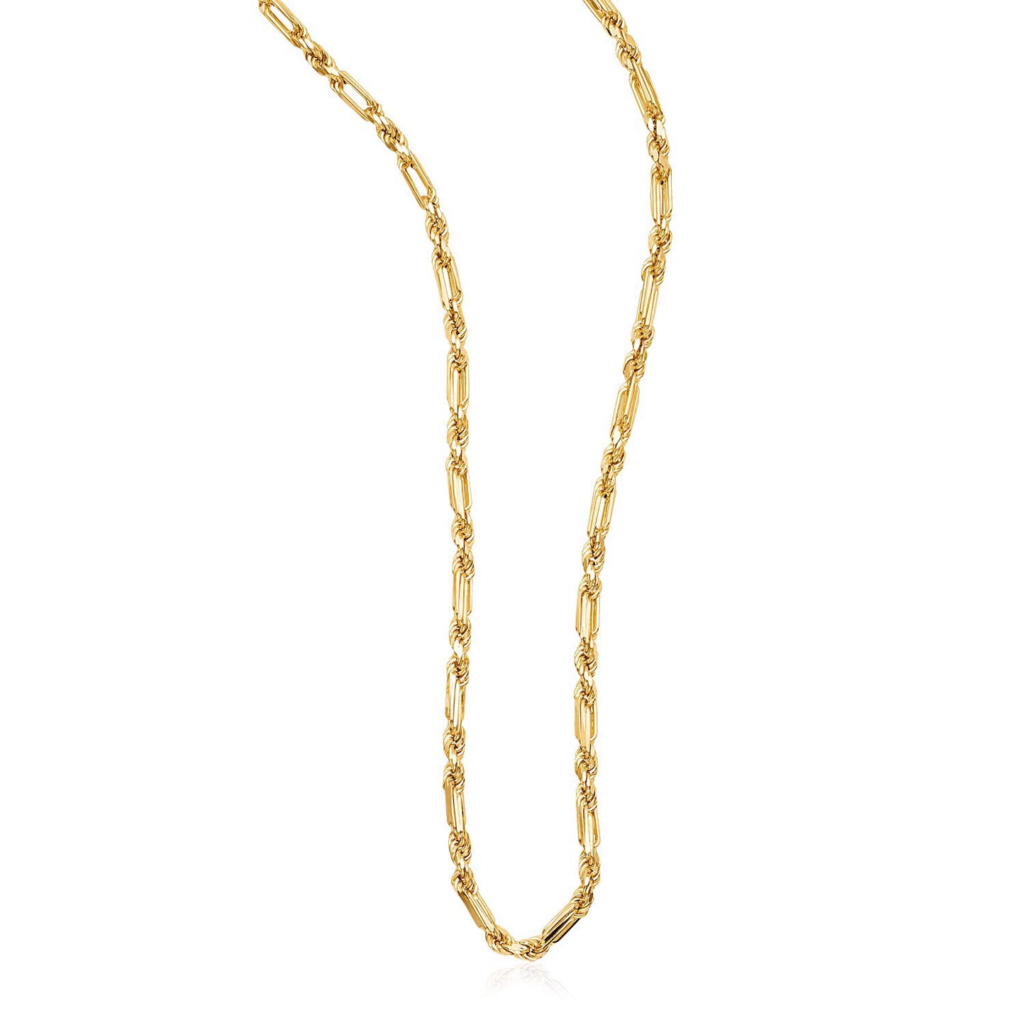 14k Yellow Gold Figaro Chain Necklace in a sleek high-contrast midnight luxury editorial style