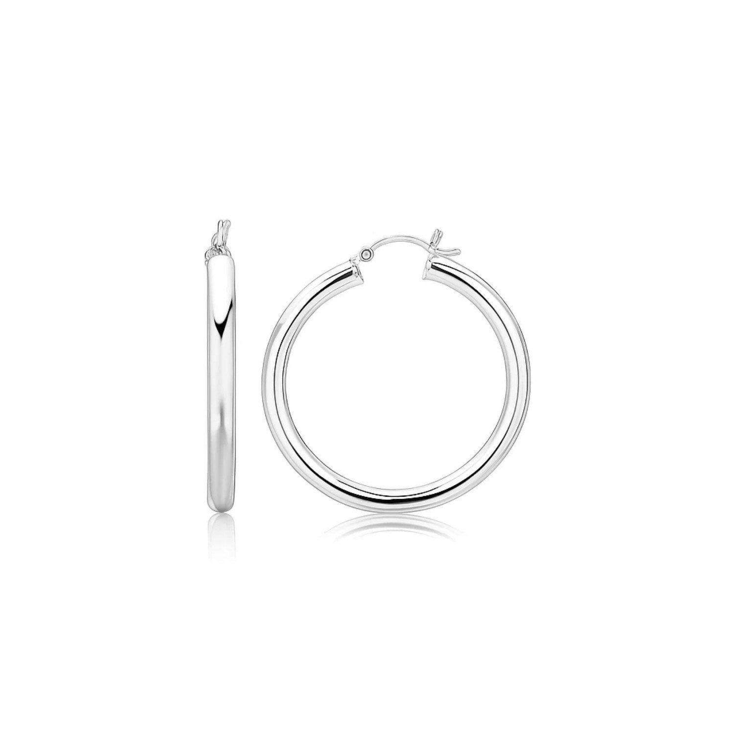 Sterling Silver Thick Rhodium Plated Polished Hoop Style Earrings (4x35mm) in a sleek high-contrast midnight luxury editorial