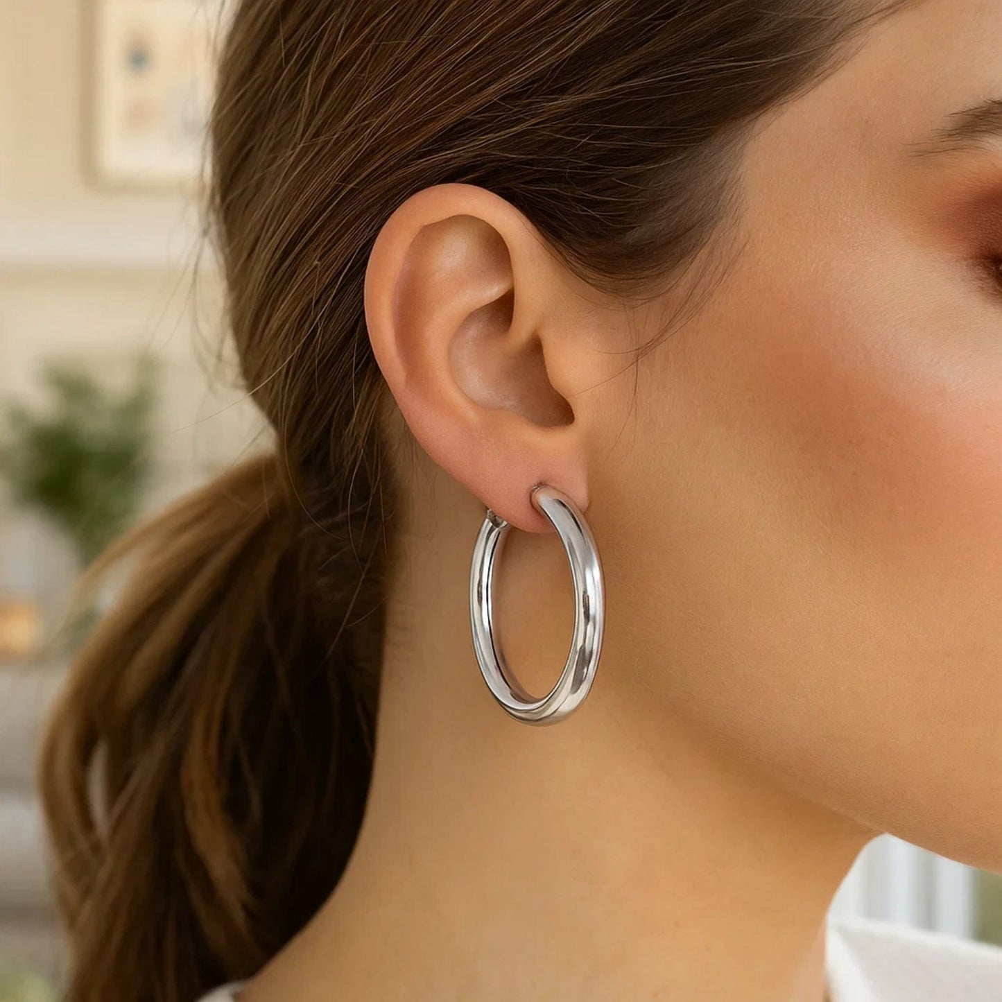 Sterling Silver Thick Rhodium Plated Polished Hoop Style Earrings (4x35mm) - Peelerie