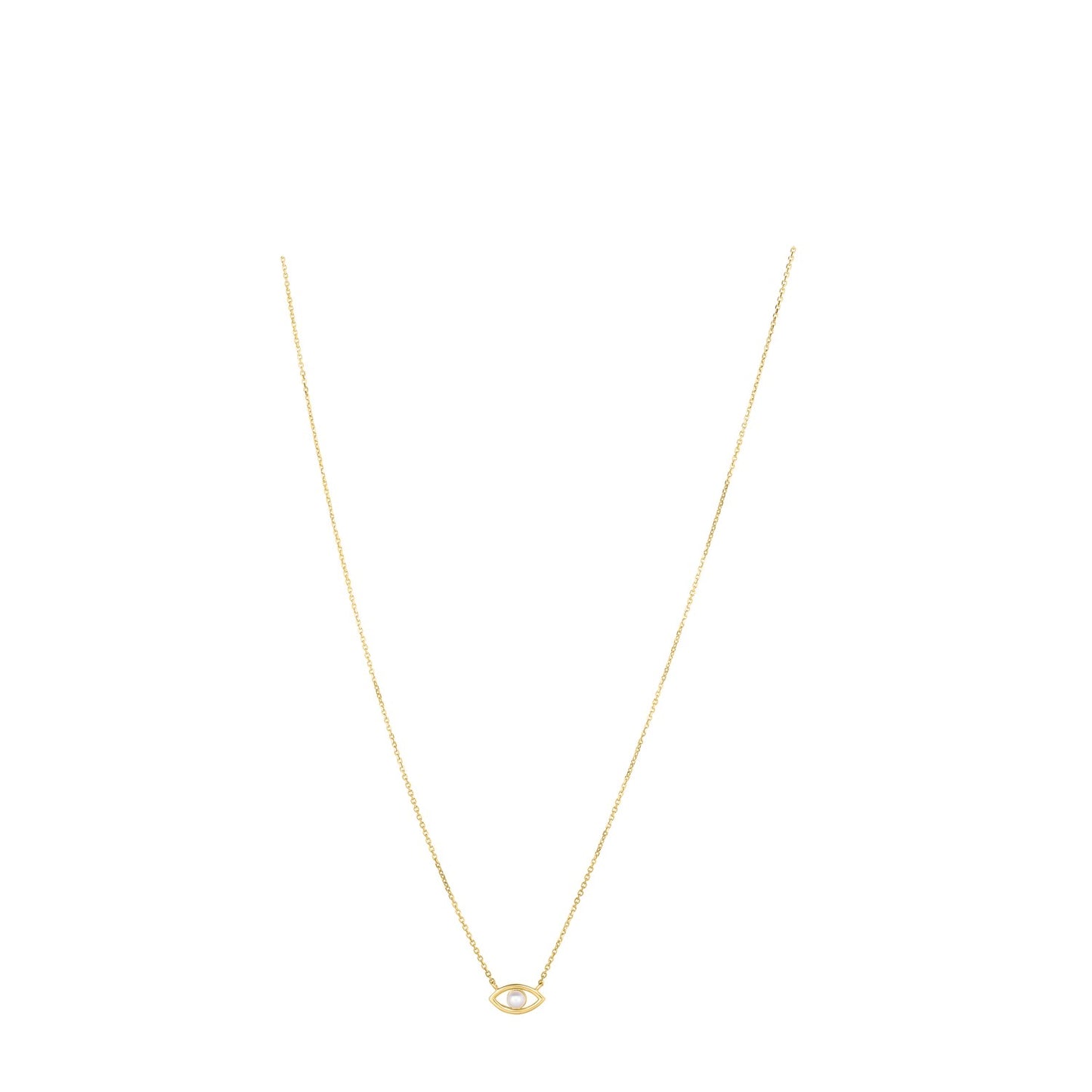 14k Yellow Gold Pearl Evil Eye Necklace in a sleek high-contrast midnight luxury editorial style