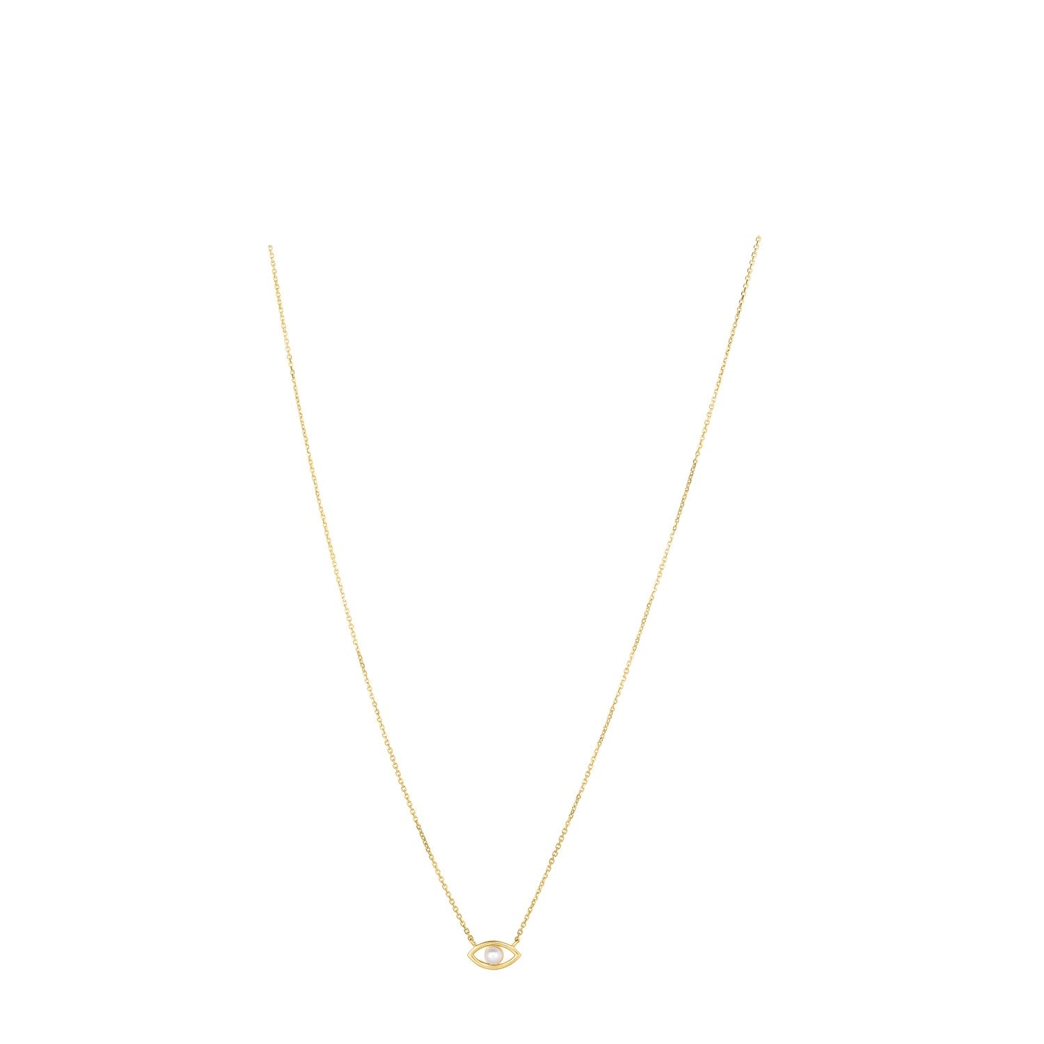 14k Yellow Gold Pearl Evil Eye Necklace in a sleek high-contrast midnight luxury editorial style