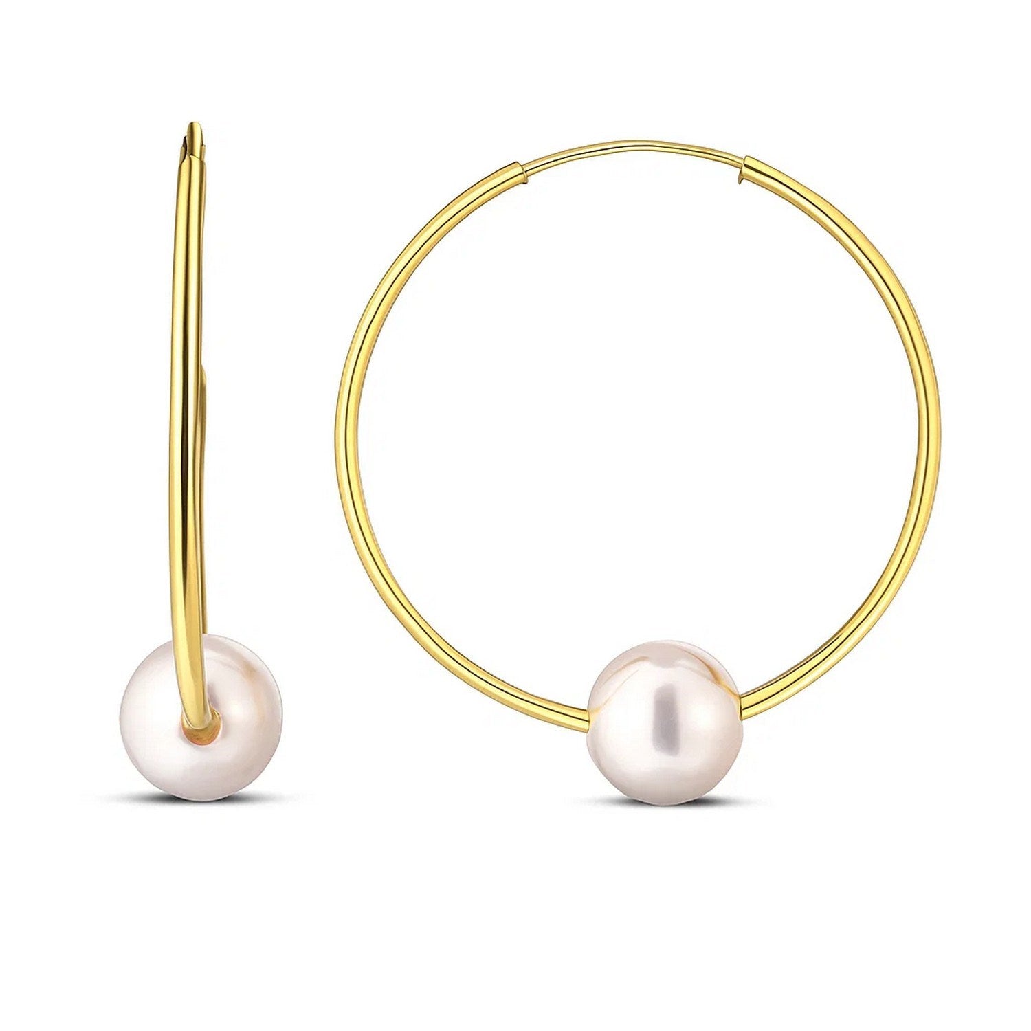 14k Yellow Gold Round Endless Pearl Earring(1x25mm) in a sleek high-contrast midnight luxury editorial style