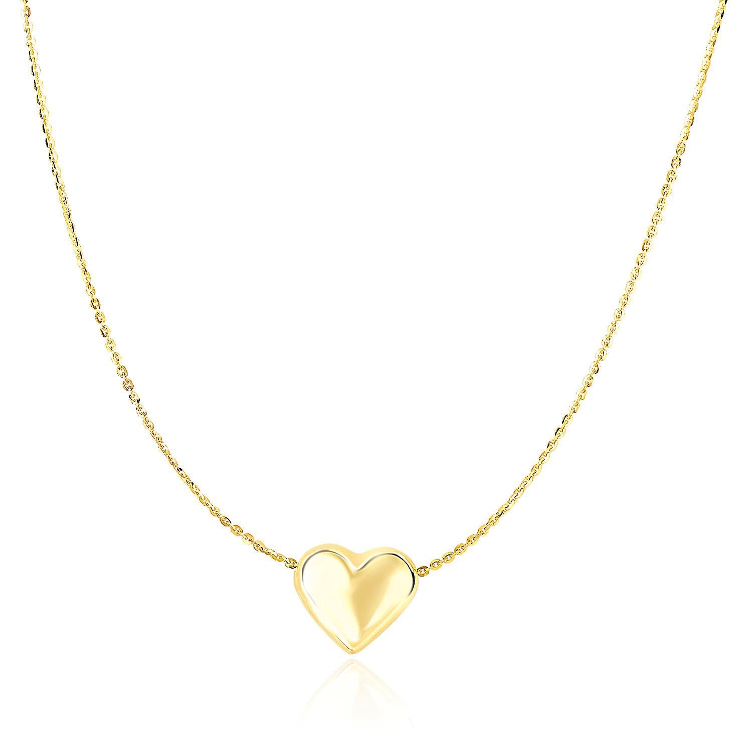 14k Yellow Gold Chain Necklace with Sliding Puffed Heart Charm in a sleek high-contrast midnight luxury editorial style