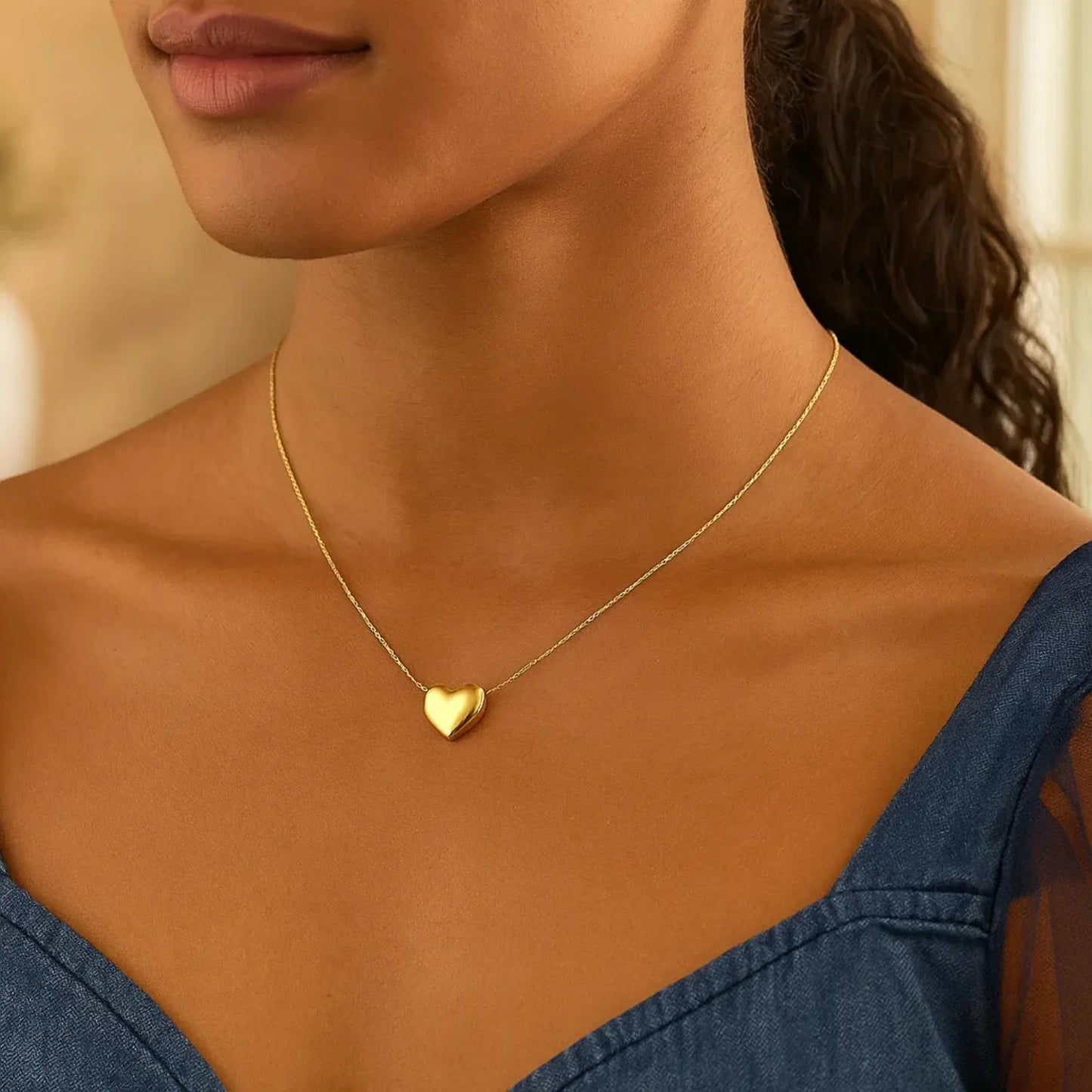 14k Yellow Gold Chain Necklace with Sliding Puffed Heart Charm - Peelerie