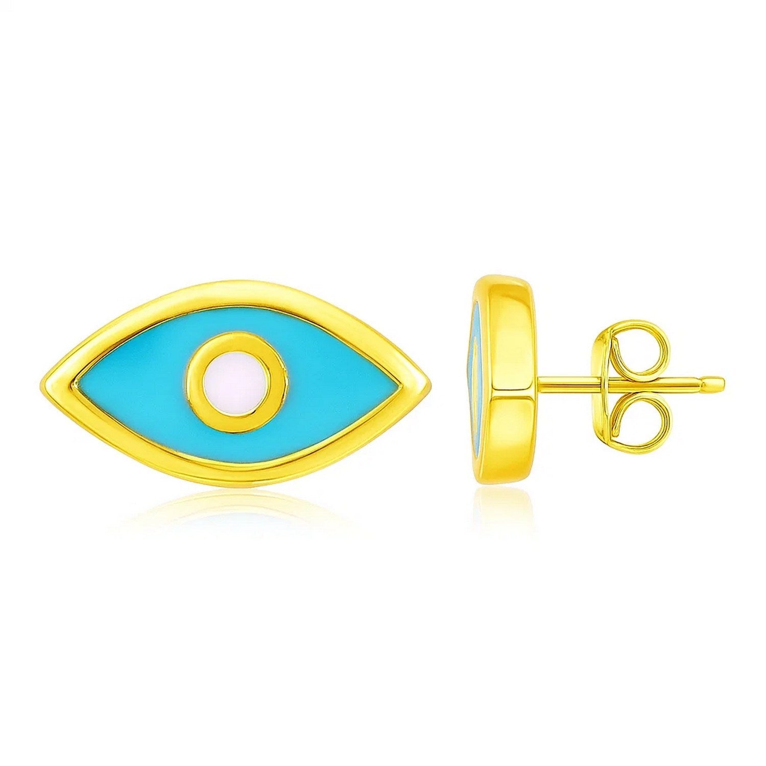 14K Yellow Gold Blue Evil Eye Earrings with Enamel in a sleek high-contrast midnight luxury editorial style