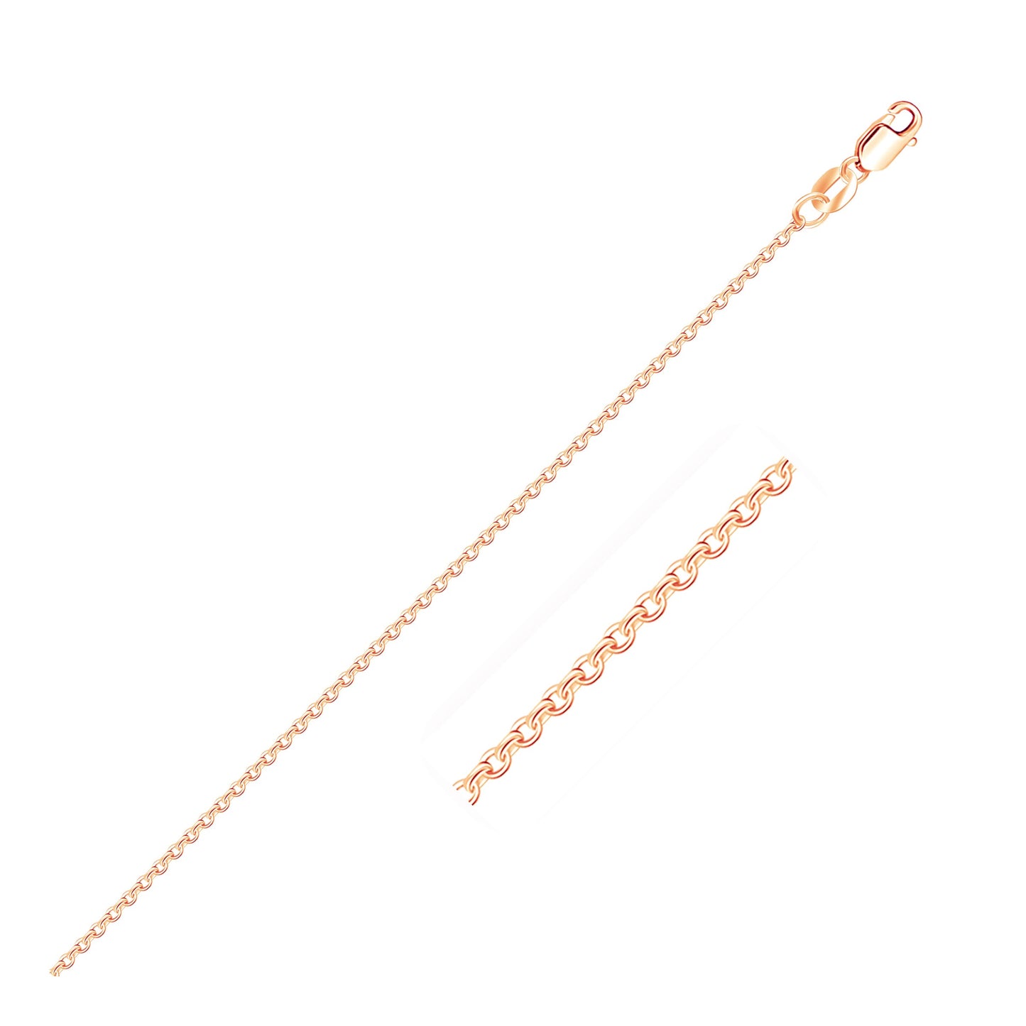 14k Rose Gold Diamond Cut Cable Link Chain (1.10 mm) in a sleek high-contrast midnight luxury editorial style
