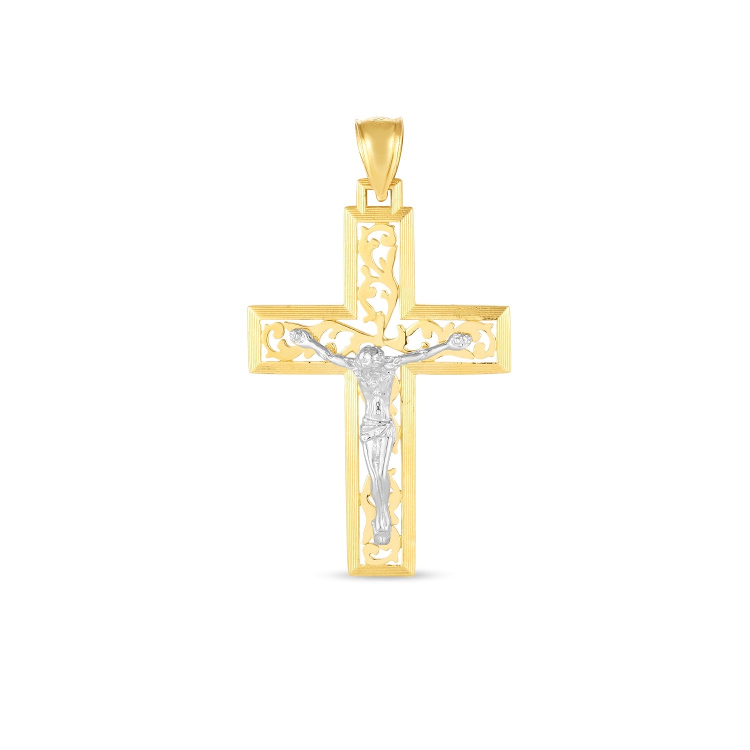 14k Two Tone Gold High Polish Diamond Cut Cross Pendant in a sleek high-contrast midnight luxury editorial style