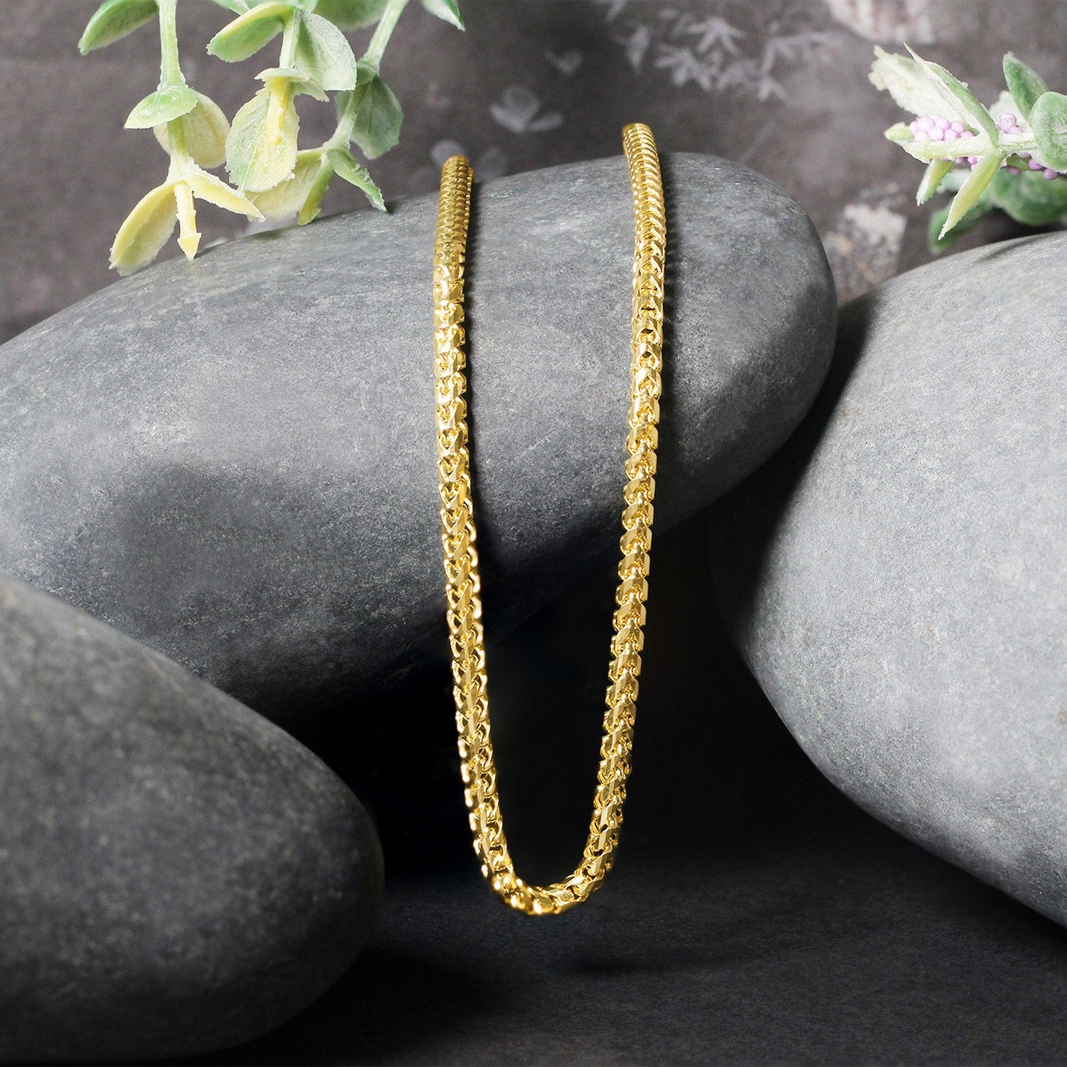 14k Yellow Solid Gold Diamond Cut Round Franco Chain (2.70 mm) in a sleek high-contrast midnight luxury editorial style