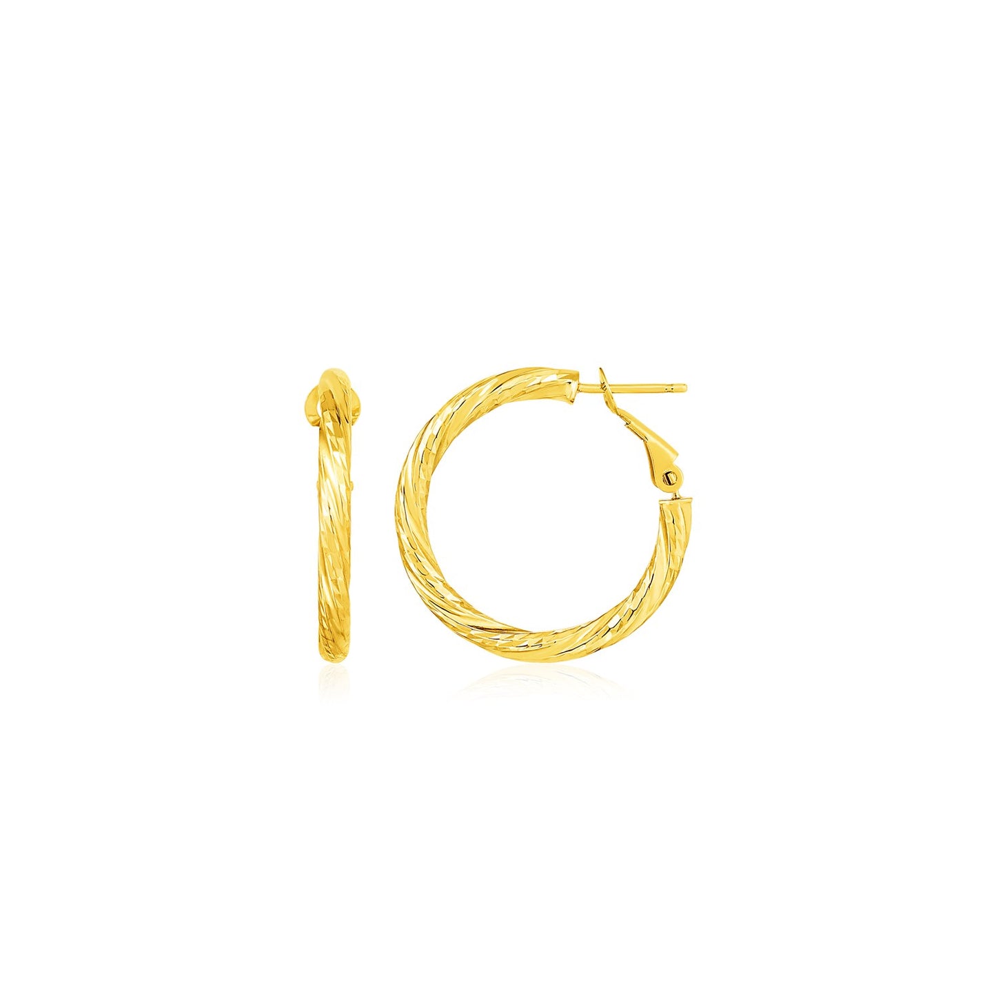 14k Yellow Gold Petite Twisted Round Hoop Earrings(3x10mm) in a sleek high-contrast midnight luxury editorial style