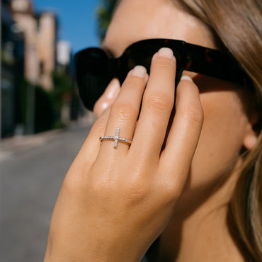 14k White Gold Cross Motif Ring with Diamond Accents (.11cttw) - Peelerie