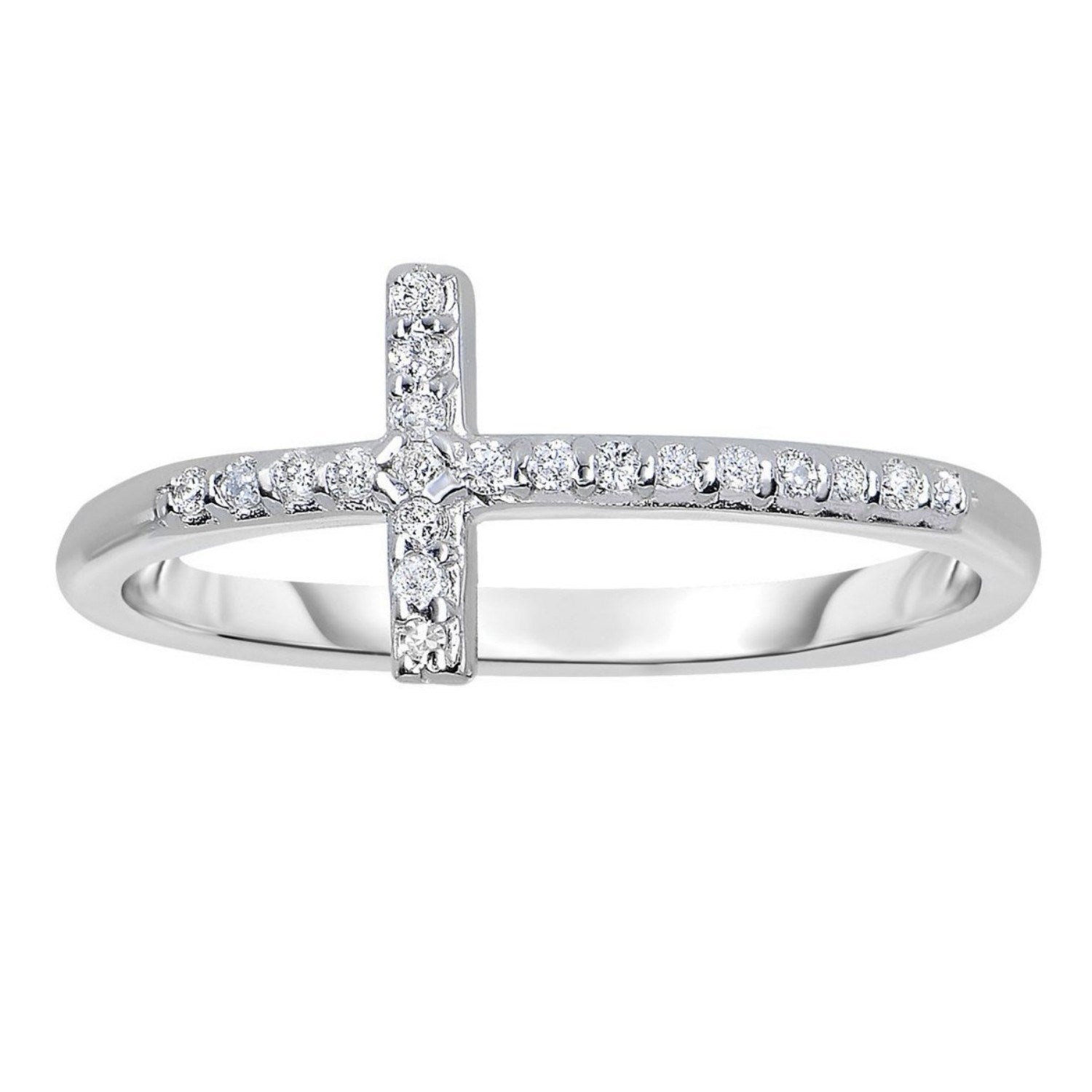 14k White Gold Cross Motif Ring with Diamond Accents (.11cttw) - Peelerie